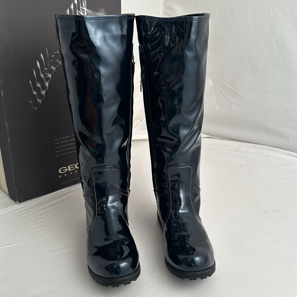 Geox navy metallic patent leather look all-weather tall boots 10